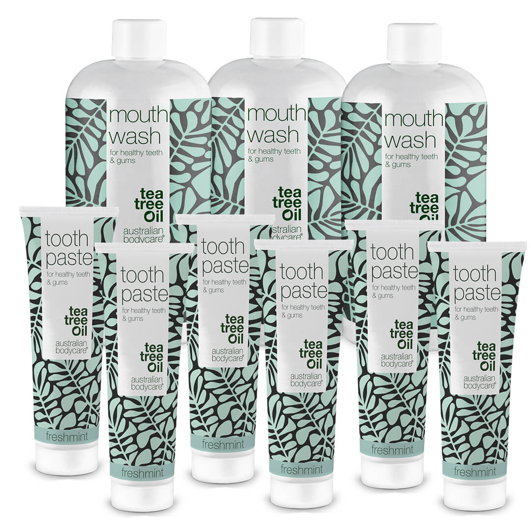 Daglig plejepakken til tunge, tandkød og tænder  9 Tea Tree Oil mundprodukter mod dårlig ånde og pleje ved svamp