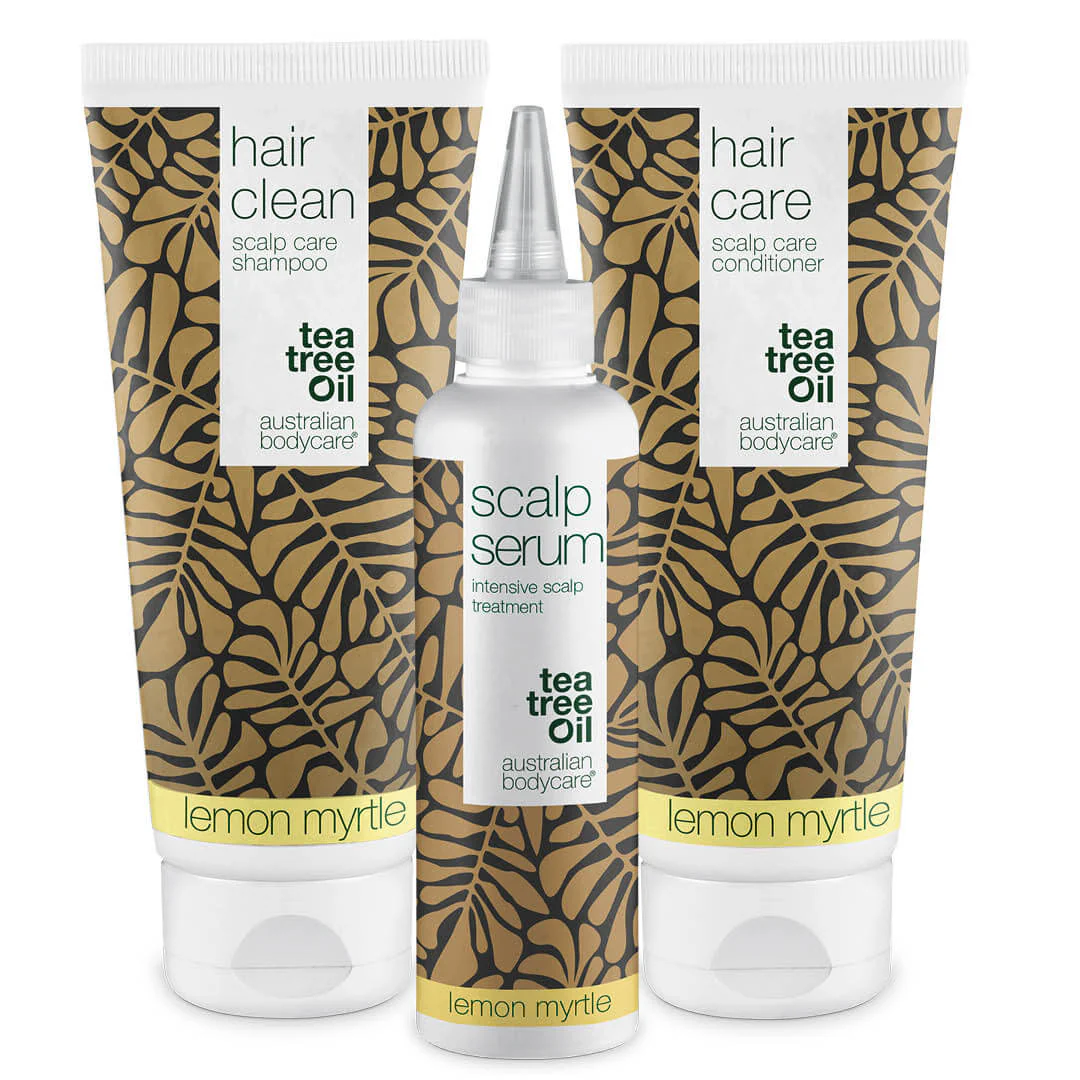 Hovedbundspakke med Lemon Myrtle  3 produkter med Tea Tree Oil og Lemon Myrtle til skæl og tør hovedbund