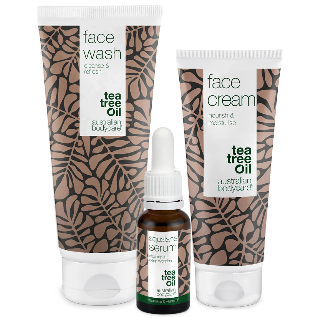 Sæt til kløende og meget tør hud i ansigtet  3 fugtgivende produkter: ansigtsrens, Squalane Serum og creme