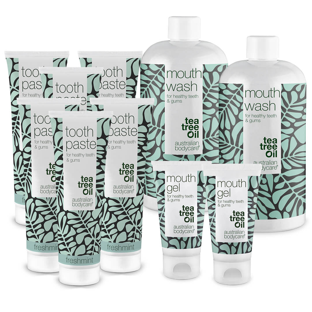 XL Mundpakken med Tea Tree Oil mundprodukter  10 mundprodukter til pleje ved paradentose, svamp og blødende tandkød